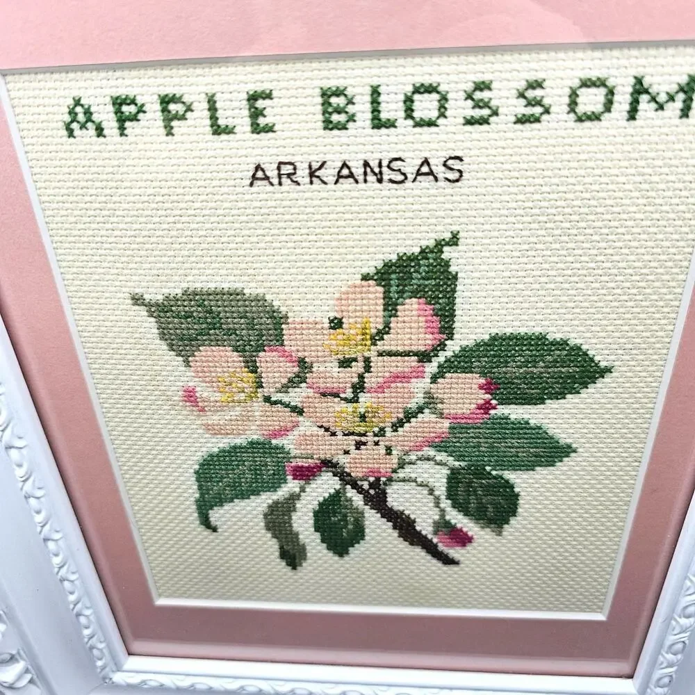Apple Blossom Arkansas Cross Stitch Framed Wall Art 13x11 Pink Mat White Frame